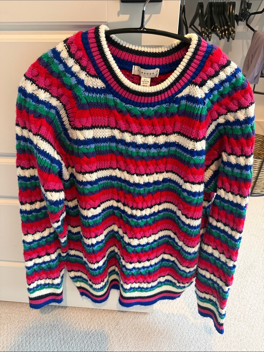 Topshop Multicolor Striped Crewneck Sweater in Pink, Blue, Green & White